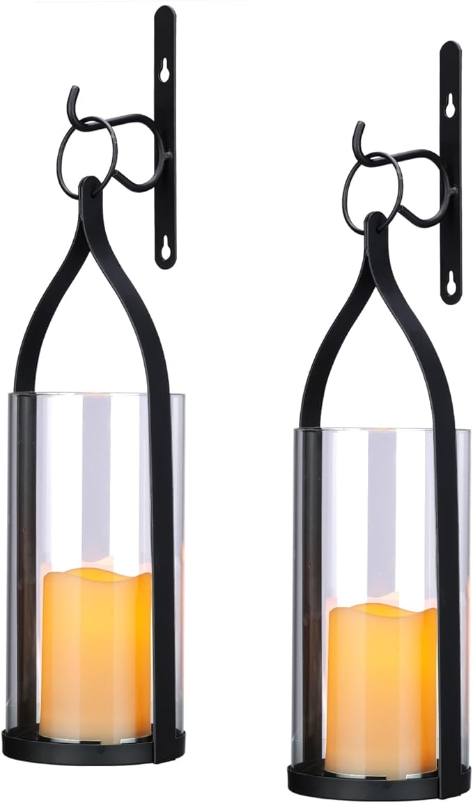 Metal Wall Sconce Candle Lantern Set of 2 - Black Wall Mounted Hanging Holder with Glass & Candles Vintage Wall Decor for Porch, Living Room, Dining Room, Bedroom Indoor Decor-Ruum Studio Home