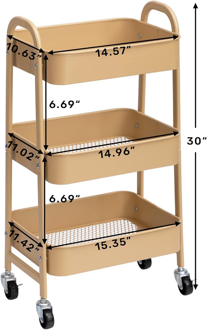 AGTEK Makeup Cart, Movable Rolling Organizer Cart, 3 Tier Metal Utility Cart with Lockable Wheels for Home & Office, Golden-Ruum Studio Home