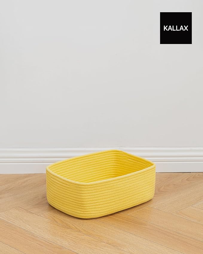 KALLAX Small Woven Basket, 13.5 x 9.5 x 5 Inches, Storage Basket for Organizing, Cute Small Rope Shelf Closet Cube Storage Bins Baskets for Shelves, Dog Toy Gift Baskets Empty, 3 Pack Yellow-Ruum Studio Home