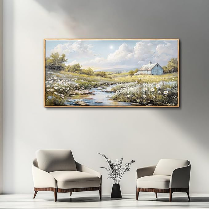 PHAOHUAXM Wall Art For Living Room Large Canvas Wall Decor For Bedroom Flower Watercolour Painting Office Decoration Countryside Scenery Mural Artwork Ready To Hang Home Decor 24x48 In Wood Framed-Ruum Studio Home