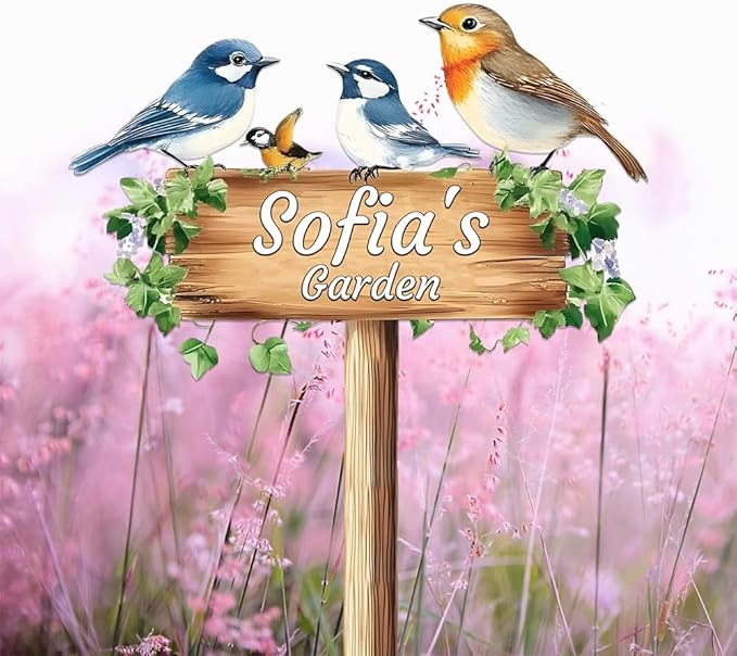 Personalized Colorful Bird Metal Sign with Stake,Custom Gardener Last Name Signs Outdoor Decorate,Customized Garden Accessories Decor for Mother,Birds on the Branch Plaques for Patio Lawn Porch Yard-Ruum Studio Home