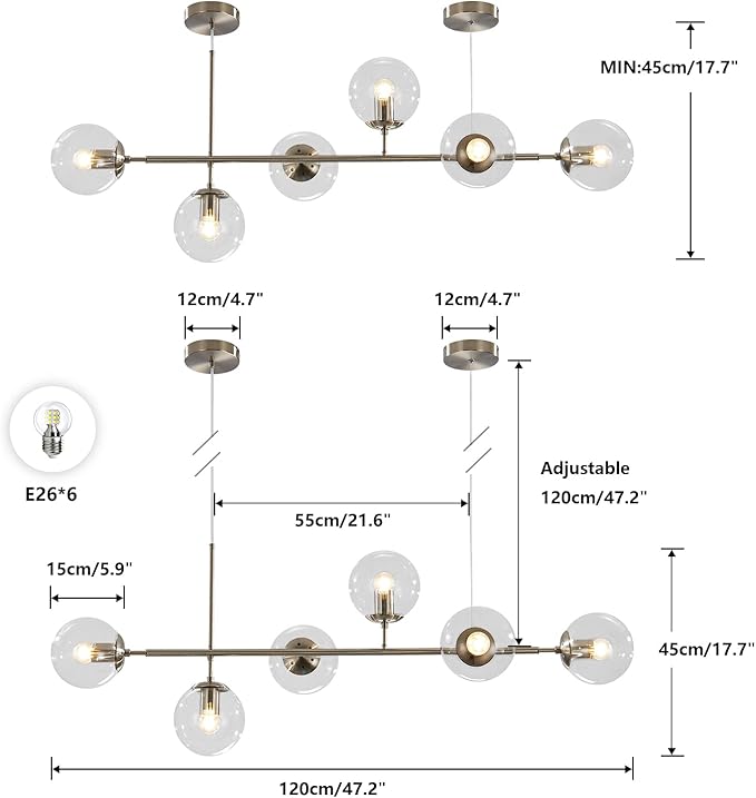 KCO Lighting 6 Light Bubble Glass Pendant Light Mid Century Modern Globe Sputnik Chandelier Linear Chandelier Lighting Brushed Nickel Hanging Light Fixture for Kitchen Island Dining Room-Ruum Studio Home