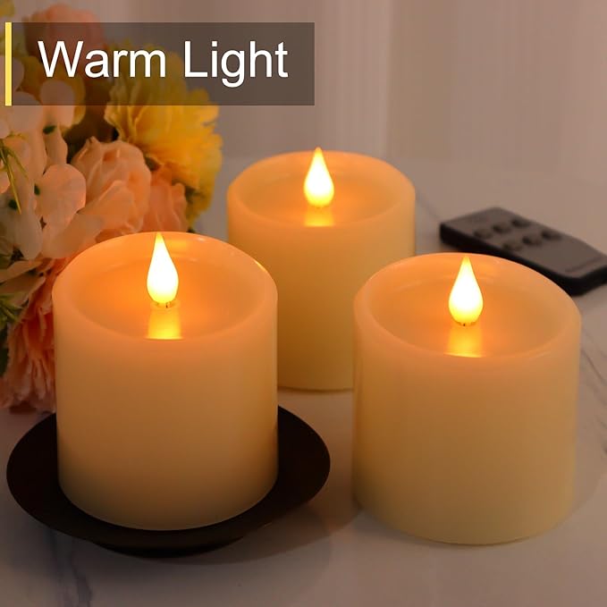 Flameless Candles Battery Operated with Remote Timer, 3D Moving Flame Flickering, Last 600+ Hours Battery Candles, Set of 3 Ivory Real Wax Electric LED Candle, 3" x 3"-Ruum Studio Home