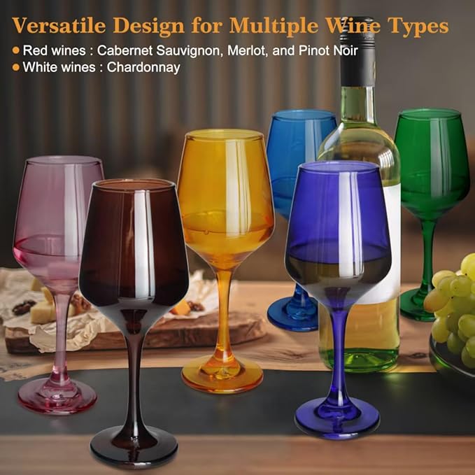 Colored Wine Glasses Set of 6-12oz Colorful Long Stem Wine Glass Cups, Multi Color Pretty Crystal Glassware, Hand Blown Goblets Drinkware, Unique Drinking Stemware Holiday Gift Set for Women-Ruum Studio Home