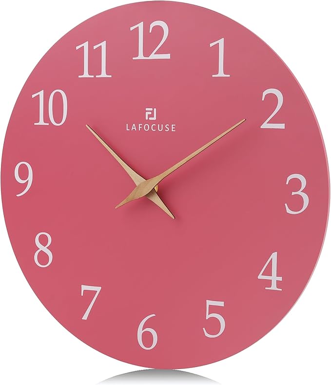 Lafocuse 12 Inch Silent Pink Wall Clock Battery Operated for Living Room Decor, Simple Minimalist Wooden Kids Pink Clock for Girls Bedroom Office-Ruum Studio Home