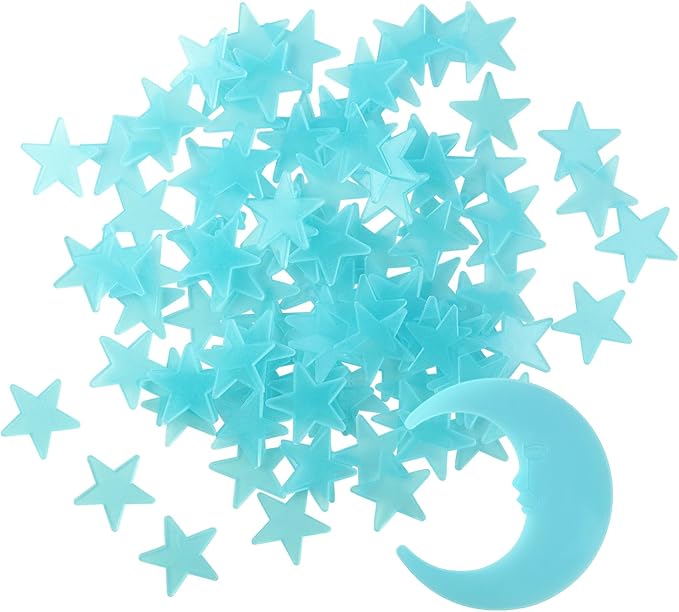 100 Stars and 1 Moon Glow in The Dark Luminous Fluorescent 3D Plastic Glow Stars Moon for Ceiling, Glowing Wall Stickers Create a Realistic Starry Sky, Room Decorations (Blue)-Ruum Studio Home