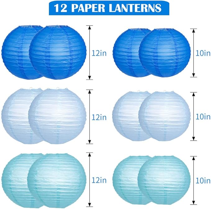 Paper Lanterns Decorative, Blue Hanging Paper Round Chinese Lanterns with Lights for Wedding Graduation Birthday Party 12 LED Light Pack of 12-Ruum Studio Home