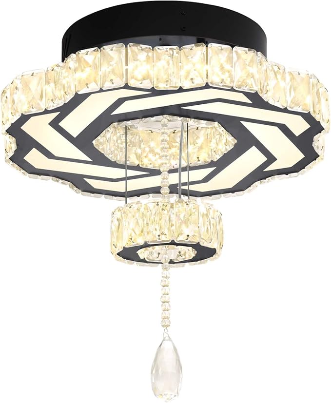 Flashing God 16 Inch Mini Chandelier Modern Crystal Chandeliers Light Semi Flush Mount Ceiling Light Fixture Small Black Chandelier for Bedroom Hallway Kitchen Foyer-Ruum Studio Home
