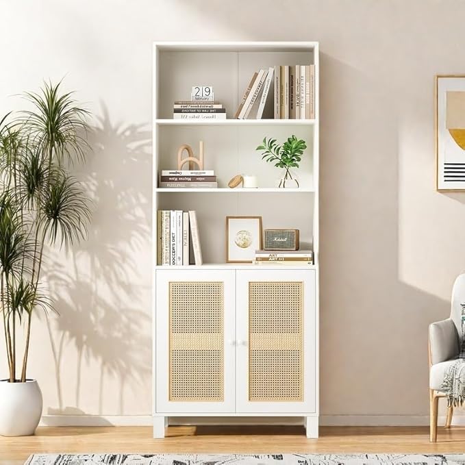 Tall Bookshelf, 5-Tier Book Shelf with 2 Rattan Doors, Freestanding Bookcase Display Shelves with Large Storage, Book Case for Living Room, Office, Study, Bedroom, 70.9 Inch-Ruum Studio Home