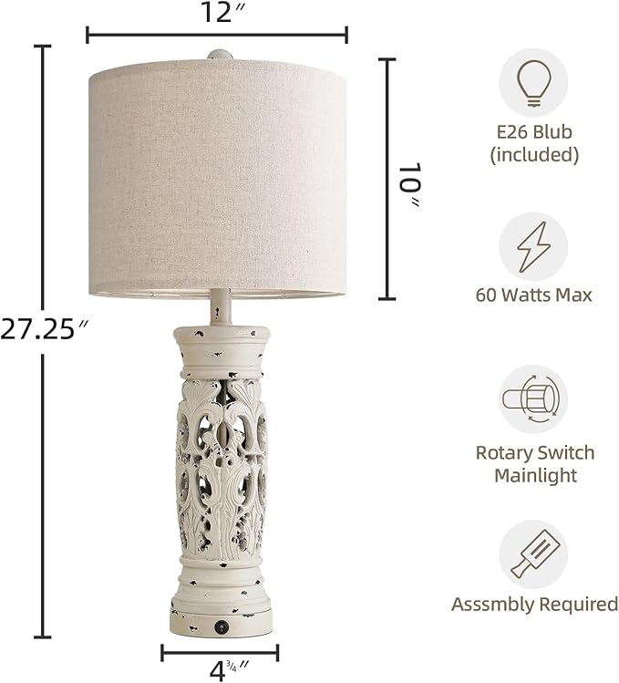 BOBOMOMO 27.25” Farmhouse Table Lamps Set of 2 – Antique White Bedside Lamps with Night Light & USB A+C Ports, Vintage Lamps for Bedroom, Living Room, Entryway, Console Table (Bulbs Included)-Ruum Studio Home
