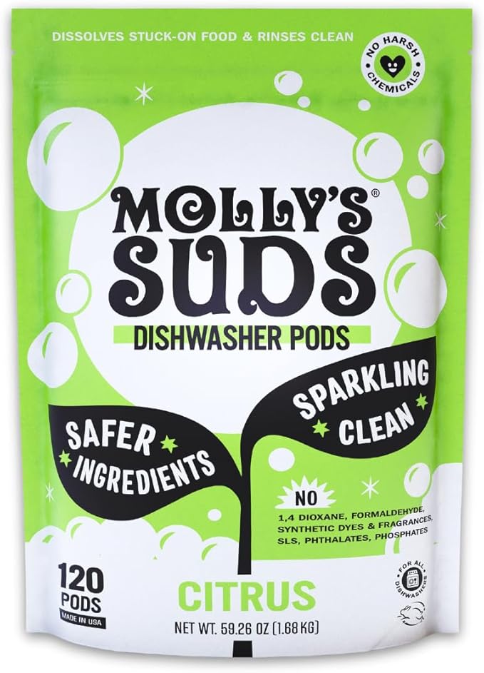 Molly's Suds Dishwasher Pods | Clean Dishwasher Detergent, Cuts Grease & Rinses Clean (Residue-Free) for Sparkling Dishes | 120 Auto-Release Tabs (Citrus)-Ruum Studio Home