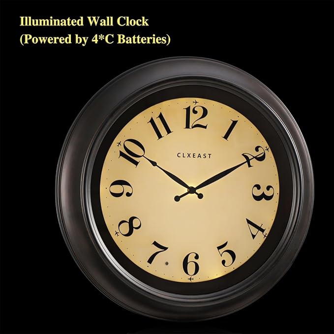 CLXEAST 18 Inch Large Illuminated Wall Clock with AI Smart Night Light Sensor,Modern Farmhouse Wall Clocks for Living Room,Bedroom,Bathroom, Kitchen, Home Office,Oil Rubbed Bronze Black-Ruum Studio Home