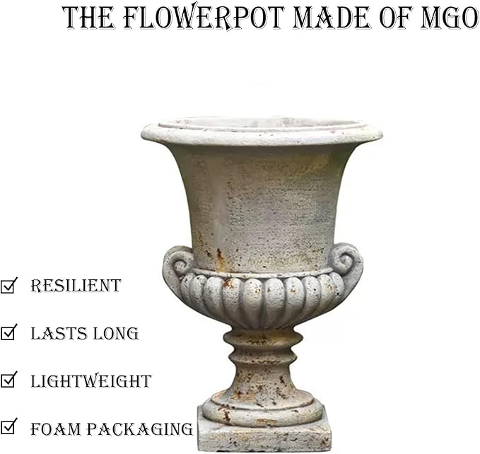 Vintage European Garden Urn Planter, Decorative Cement and Fiber Flower Pot, Make Antiqued Finished, H=19.7in, Wrap Foam Safely Delivered from Local Warehouse (Antiqued, Medium)-Ruum Studio Home