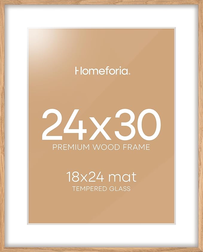 Homeforia 24x30 Picture Frame Wood, High End Natural Oak 24 x 30 Frame with Mat 18 by 24, 24x30 Light Wooden Poster Frames Matted to 18x24 Photo, 30by24 Large Frame, Tempered Glass, Wall Kit, Set of 1-Ruum Studio Home