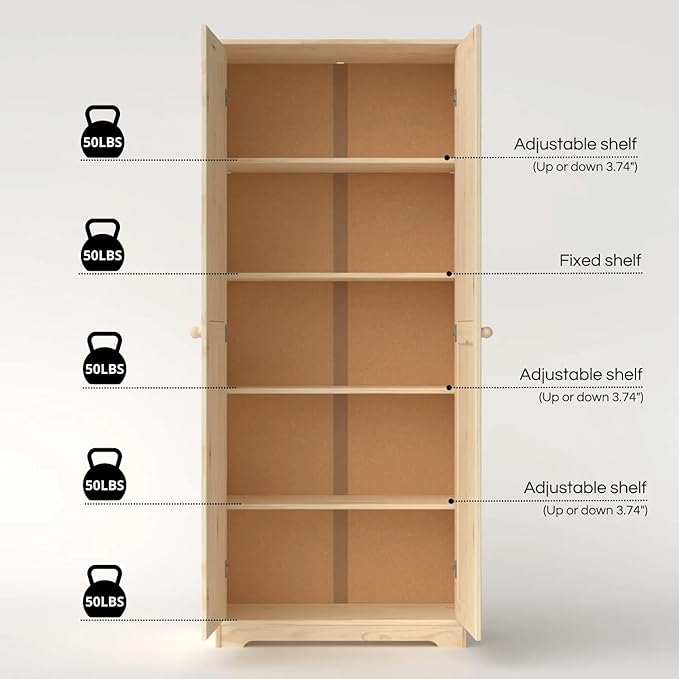 Pantry Cabinet Storage Cabinet with 2 Doors Solid Wood - Adjustable Shelves for Kitchen, Dining Room, or Utility Room Organization-Ruum Studio Home