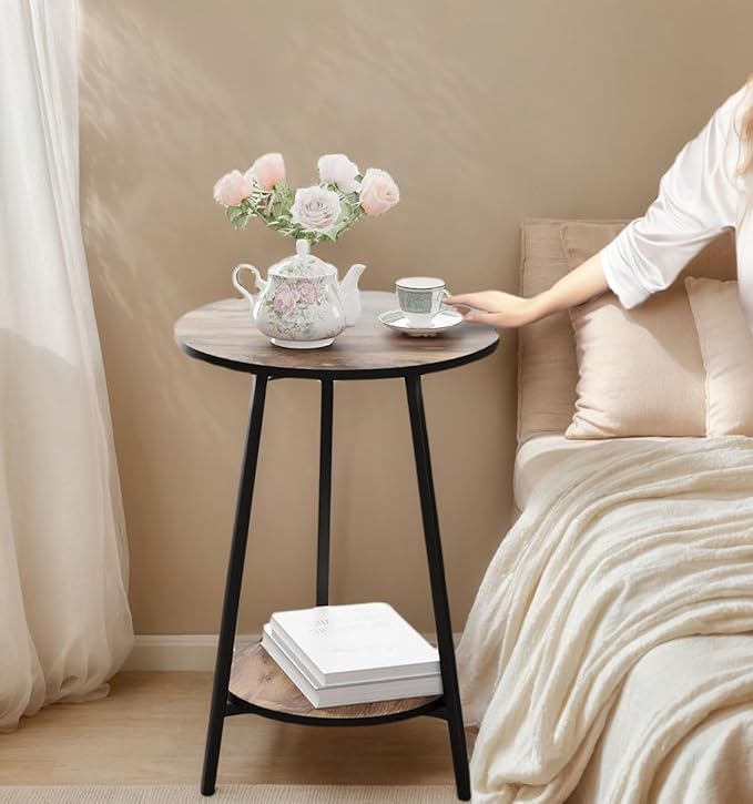 Side Table - Round Accent End Tables - Vintage Wood Color Tables for Sofa Living Room Bedroom Bedside Coffee Small Spaces - Waterproof Metal Frame, Scratch-Resistant - Easy Assembly-Ruum Studio Home
