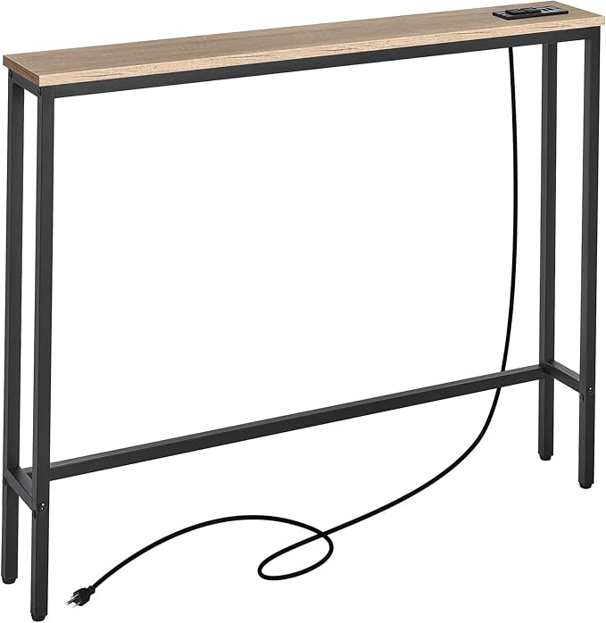ELYKEN 5.9" Narrow Console Sofa Table with Power Outlets, 5.9" Dx39.4 Wx31.1 H Long Couch Table with Metal Frame and Charge Station with 6.5’ Extension Cord, White Oak-Ruum Studio Home