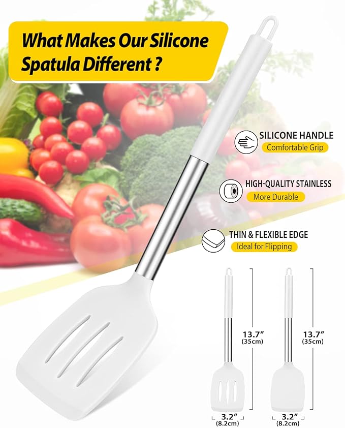 Pack of 2 Silicone Solid Turner, Non Stick Slotted Kitchen Spatulas, High Heat Resistant BPA Free Cooking Utensils, Ideal Cookware for Fish, Eggs, Pancakes(White)-Ruum Studio Home