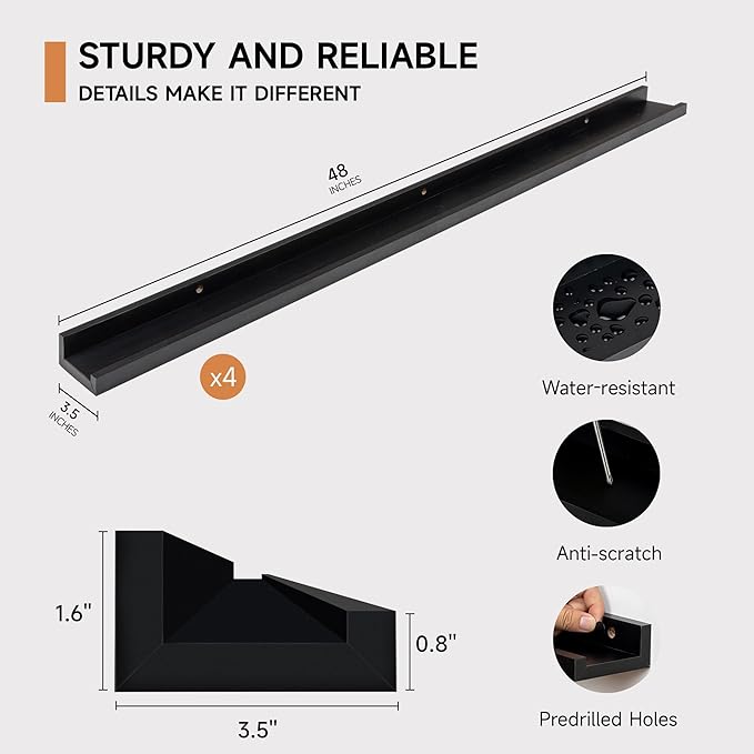 Picture Ledge Shelf for Wall, Floating Shelves Set of 4, 48 Inch Long Nursery Book Shelves for Toys Storage, Kids Bookshelf Wall Mounted for Books Photo Frames, Black-Ruum Studio Home