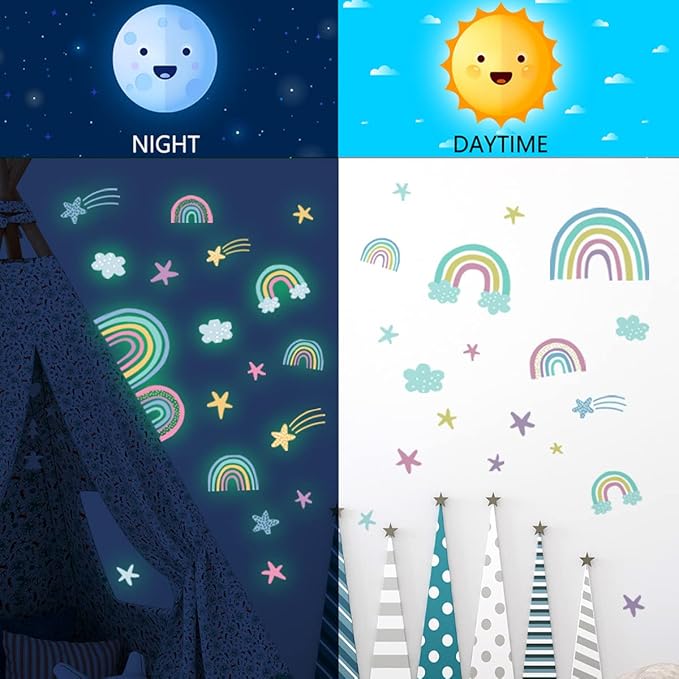Quanhaigou Rainbow Clouds Stars Glow in The Dark Wall Stickers DIY Home Decor for Kid Boys Girl Bedroom Bathroom Decorations-Ruum Studio Home