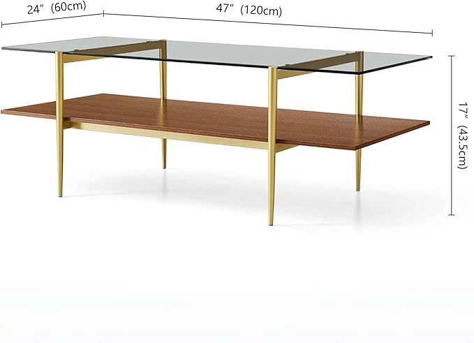 X-Large Rectangle Glass Coffee Table, Mid-Century Modern Design, for Living Room, L47 x W24 x H17 Inch, Clear Glass Top and Walnut MDF Shelf, Sleek Conical Legs with Gold Finish Frame-Ruum Studio Home
