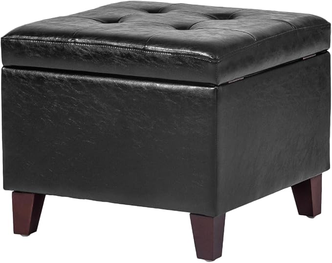 Adeco Storage Ottoman Foot Rest Stool, Leather Ottoman Footstool with Solid Wood Legs and Hinged Lid, 17.7" Small Foot Stool for Living Room, Bedroom-Ruum Studio Home