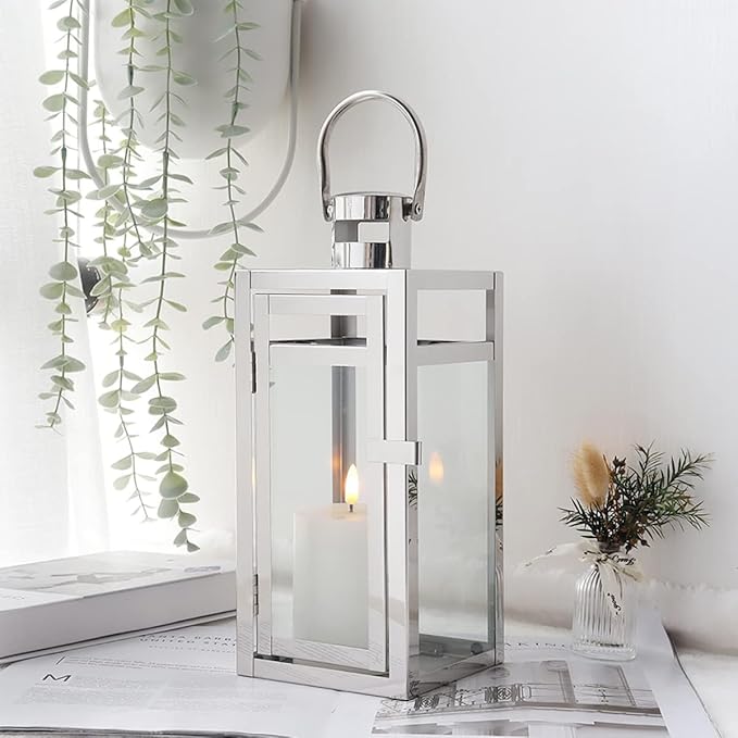 TRIROCKS Set of 2 Stainless Steel Decorative Lantern 12'' High Metal Hanging Lantern with Clear Glass Panels Perfect for Home Decor Living Room Parties Events Tabletop Indoors Outdoors (Silver)-Ruum Studio Home