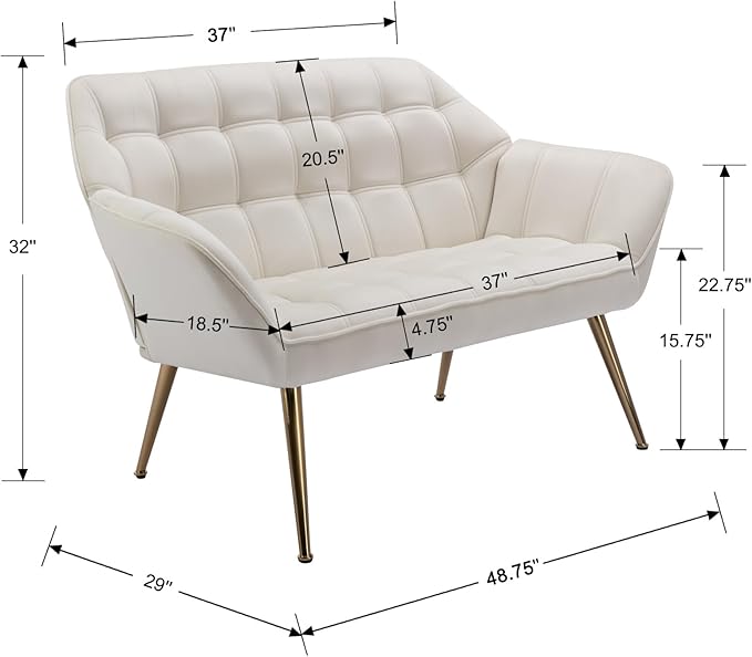 48" Small Loveseat for Small Spaces, Modern Sherpa Mini Sofa Couch 2-Seater Velvet Love Seat with Quilting Back and Gold Legs for Living Room/Bedroom, Cream-Ruum Studio Home