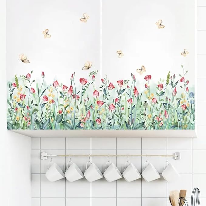 Set of 28x20 Inch Size Hello Spring Summer Window Cling Sticker Tulip, Flower and Butterfly Window Stickers, Spring and Summer Decor, Home, Shop, Party Window Glass Display Stickers (Floral)-Ruum Studio Home