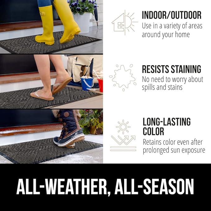 GORILLA GRIP 100% Waterproof All-Season WeatherMax Doormat, 34x58, US Designed Natural Rubber, Stain and Fade Resistant, Low Profile Indoor Outdoor Door Mats, Easy Clean Patio Mat, Gray Diamond-Ruum Studio Home