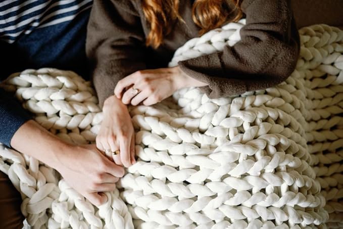 Nuzzie Chunky Knit Weighted Blanket - Breathable, Cooling, Hand Made Knit Throw Blanket for Sleep - Machine Washable, Stylish Decor Design (Cream, Queen | 28lbs | 80"x80")-Ruum Studio Home