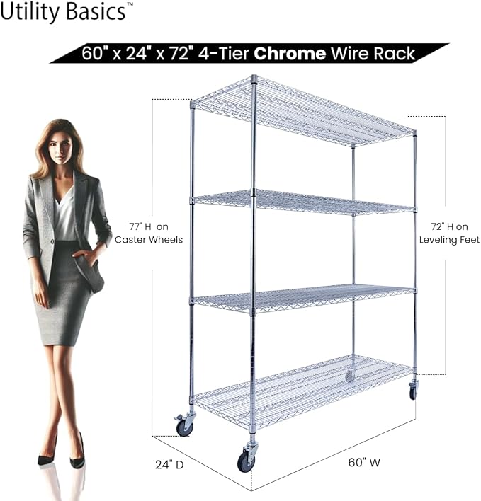 60"x24"x72" PREMIUM METAL STEEL 4-Tier Wire Shelving NSF 3200 LBS MAX Capacity Heavy Duty Storage Rack for Hospitals, Schools, Commercial Spaces, and Garages w/PREMIUM Wheels-Ruum Studio Home
