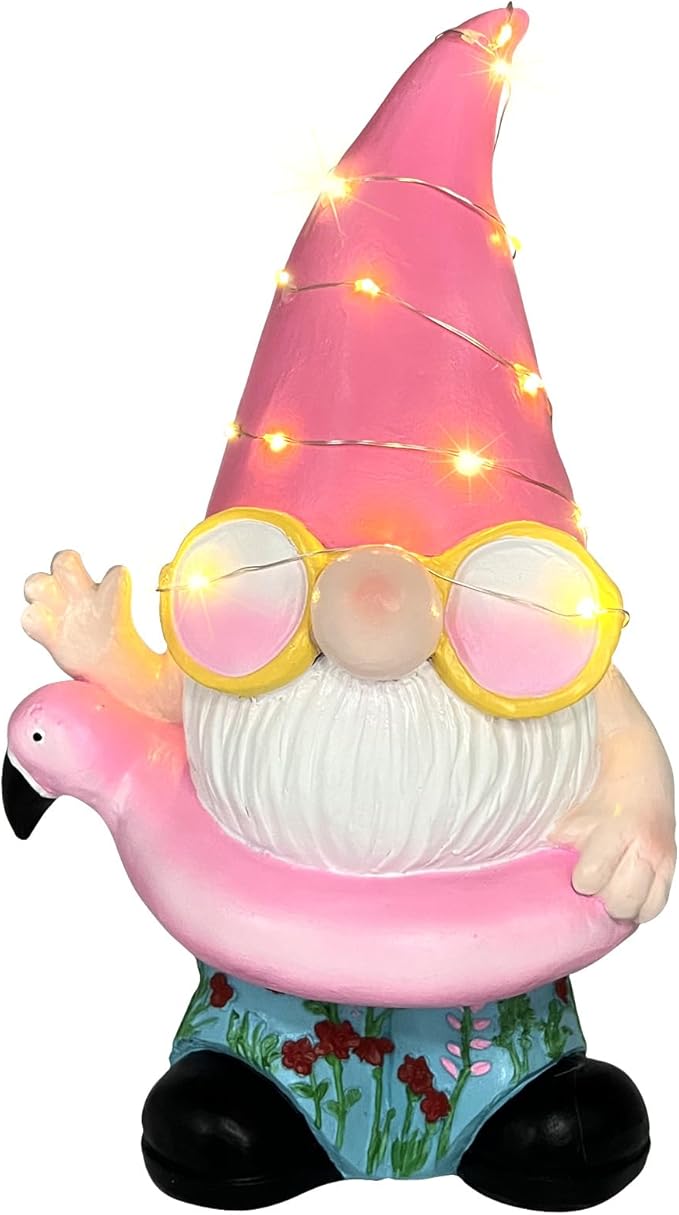 BAYN Garden Gnome Statues Outdoor Decor, Solar Powered Outdoor Gnome with Flamingo Swimming Decorative Yard Garden Lights Art Gifts with 11 Warm White LEDs-Ruum Studio Home