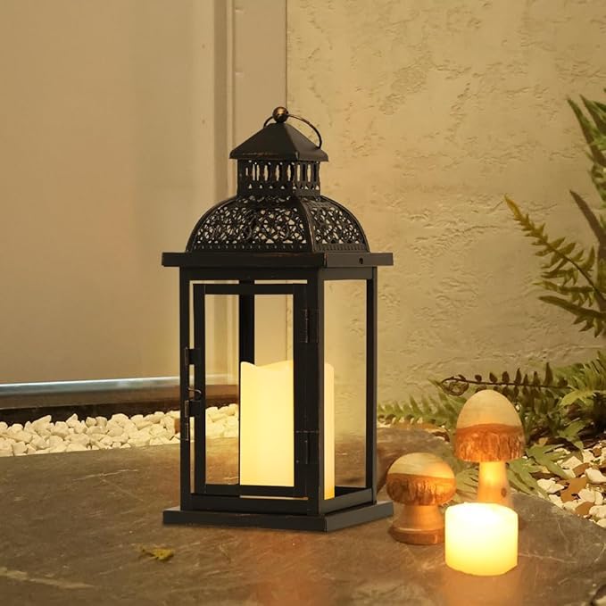 NEEDOMO Lanterns Decorative Indoor & Outdoor, 15'' Lantern with LED Candle, Vintage Metal Hanging Lanterns for Patio, Front Porch,Yard, Table, Spring (NO Glass)-Ruum Studio Home