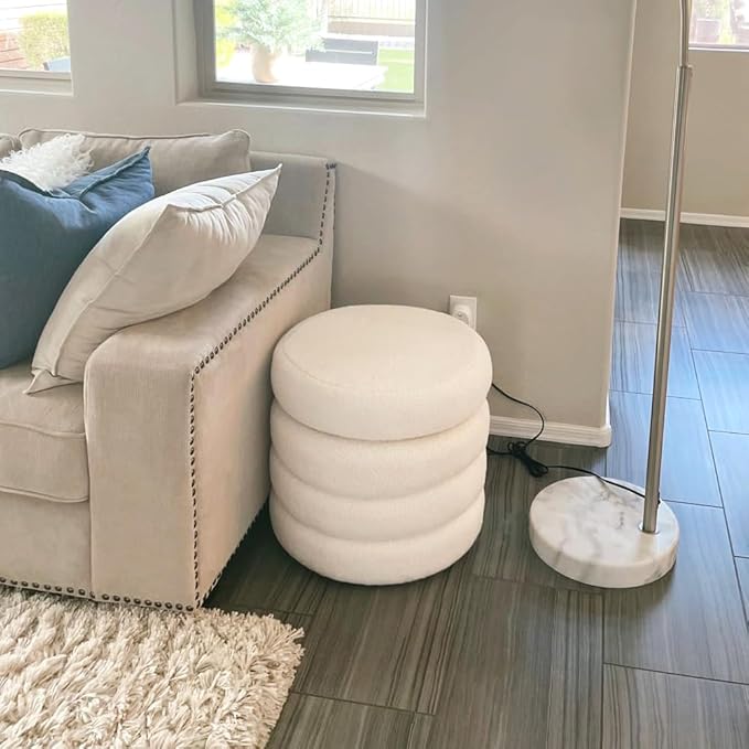ONEVOG 20" Round Storage Ottoman with Removable Lid, Off-White Boucle Fabric Footrest Pouf, Sherpa Tufted Small Coffee Table Vanity Ottoman Foot Stools for Living Room Couch, Bedroom, Dorm, Nursery-Ruum Studio Home