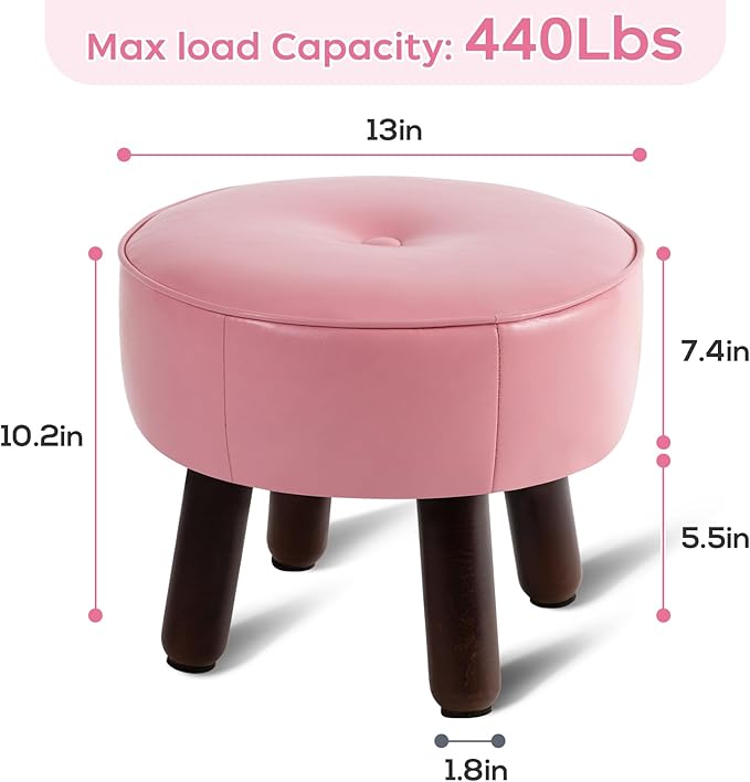 Small Foot Stool Round Pouf Ottoman, 13'' Leather Foot Rest with Non-Skid Rubber Legs, Foolstool Ottomans for Couch, Sofa Footrest Step Stool for Living Room Bedroom Entryway Office, Pink-Ruum Studio Home