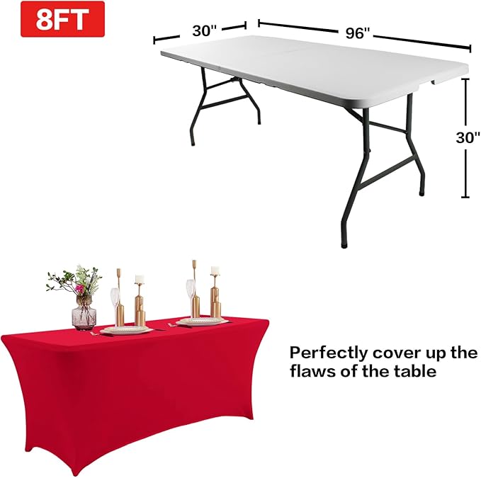 IVAPUPU 2 Pack 8FT Table Cloth for Rectangular Fitted Events Stretch Red Table Covers Washable Cover Spandex Tablecloth Protector for Party, Wedding, Cocktail, Banquet, Festival-Ruum Studio Home