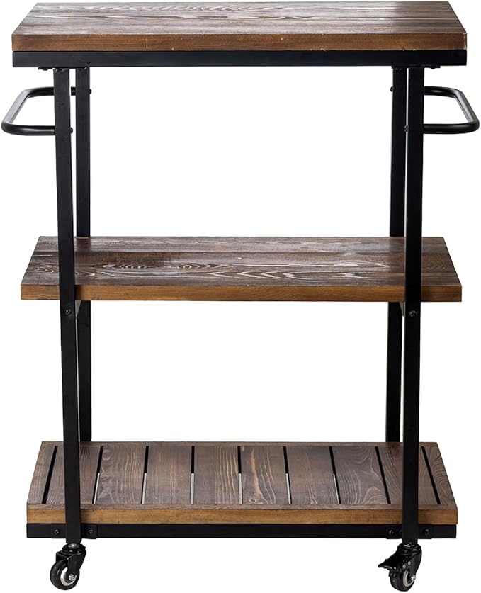 Bar Carts for The Home, Rolling Home Bar Serving Cart on Wheels, 3 Tier Portable Bar Cart, Rolling Coffee Cart with Lockable Wheels, Rustic Burnt Solid Wood and Industrial Matte Black Metal-Ruum Studio Home