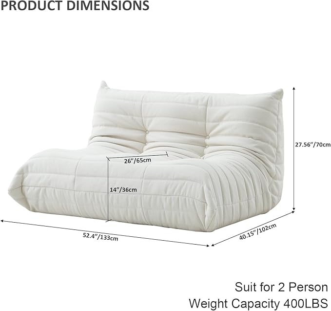 Luxury Sofa Couch Chair, Lazy Floor Seating, Fireside Bean Bag Chair, Ergonomic Tatami Sofa Lounger for Living Room, Bedroom, Office, Loveseat, White-Ruum Studio Home
