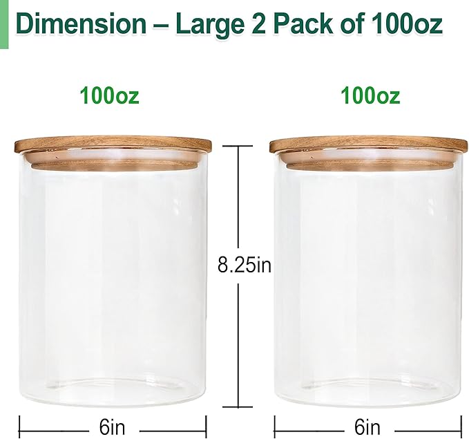Urban Green Glass Jars with Airtight Lids, Airtight Glass Canisters set, Large Food Storage Containers with Wood Lids, 2 Pack of 100oz， Dry Food Pantry Jars, Flour Containers-Ruum Studio Home