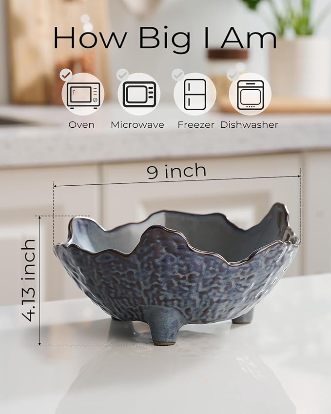 Fruit Bowl, Porcelain Oval Bowl for Kitchen Counter Large Decorative Bowl for Home Decor Centerpiece Bowl for Fruit, Vegetable, Breads, Nuts, Blue-Ruum Studio Home
