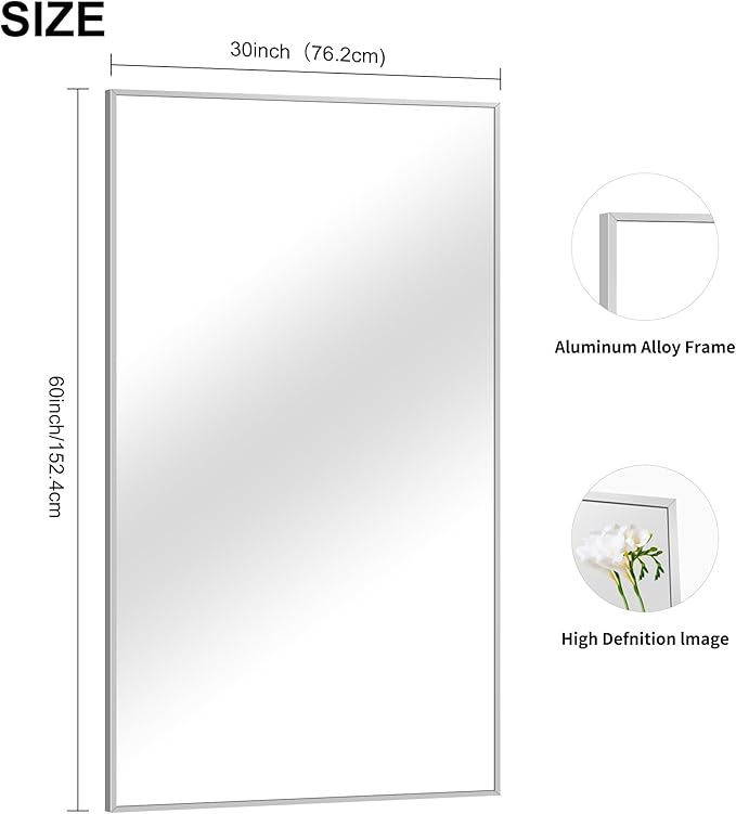 Silver Bathroom Mirror for Wall, 30x60 Inch Rectangle Mirrors with Metal Frame, Modern Vanity Large Wall Mirror for Bathroom Living Room, Entryway Hangs Horizontal or Vertical-Ruum Studio Home