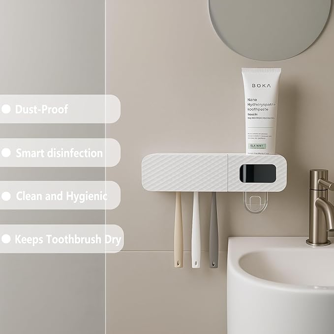Smart Toothbrush Holder for Bathrooms, Toothbrush Cleaner Wall Mounted, Automatic Toothpaste Dispenser for Equipped with 3 Slots (White)-Ruum Studio Home