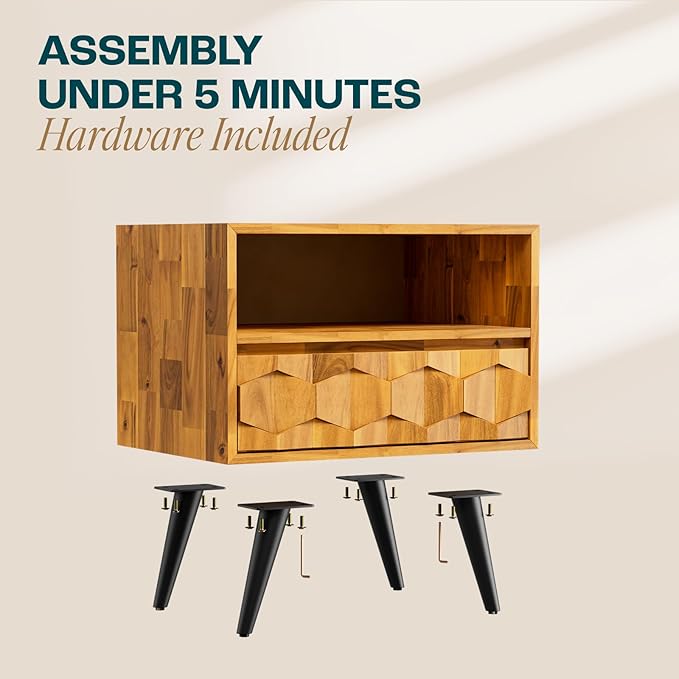 Bme Georgina Solid Wood Nightstand With 1 Drawer & Open Shelf- Fully Assembled Mid Century Modern Side Table - Geometric Pattern Bedside Dresser for Bedroom and Living Room-Ruum Studio Home