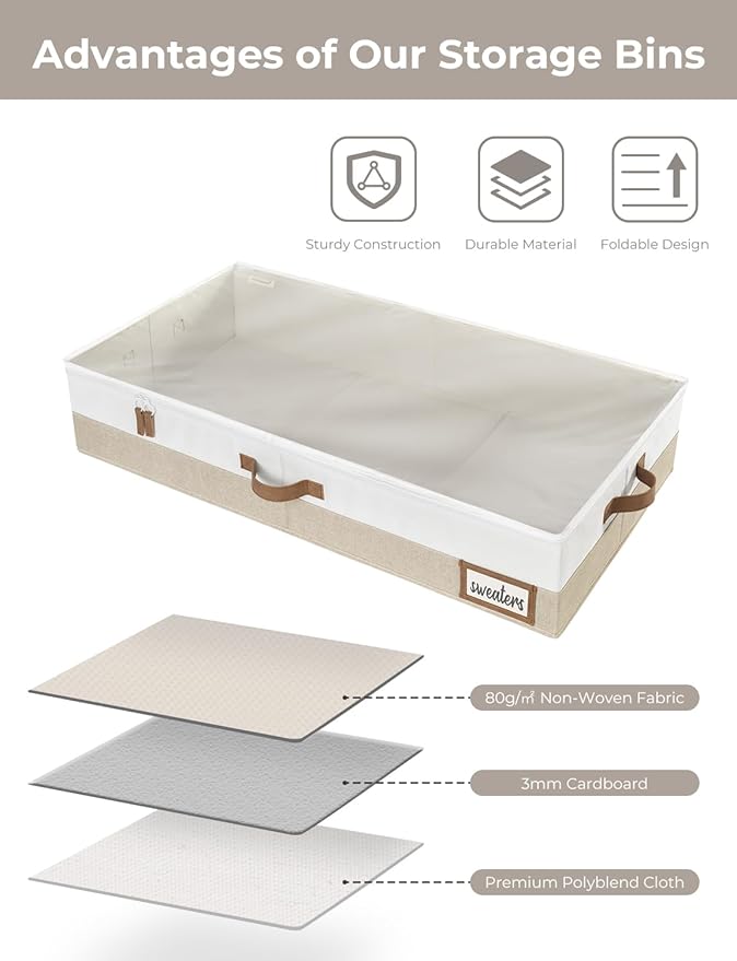 StorageWorks Large Under Bed Storage Containers with Handles and Label Holder, 2 Pack Ultra-thick Fabric Underbed Bins, Closet Organizer for Clothes, Blankets, Sweater-Ruum Studio Home
