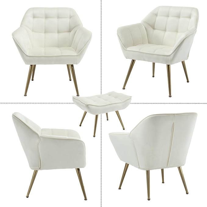Modern Velvet Accent Chair with Ottoman Set of 2, Upholstered Lounge Chair with Footrest, Comfy Living Room Chair with Gold Legs Accent Side Chair Armchair for Small Space Bedroom, Beige-Ruum Studio Home