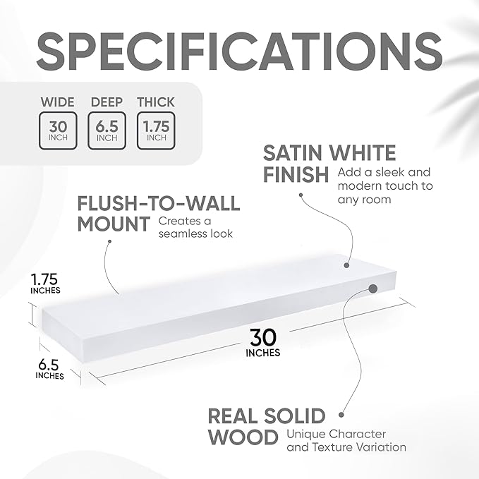 Homeforia White Floating Shelves 30 inch, High End Solid Real Wood 30inch Floating Shelf for Wall Mounted, White Wooden 30in Long Floating Shelves, Heavy Duty Bracket, 30 X 6.5 X 1.75 inches, Set of 2-Ruum Studio Home