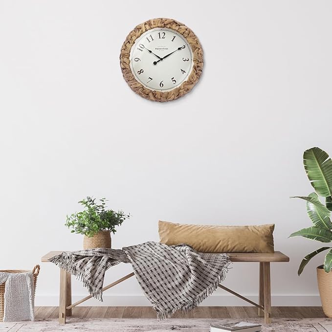 Presentime & Co. Farmhouse Series, Rustic Woven Clock, 12.6 inch, Natural Woven Water Hyacinth/Sea Grass. Wall Sculpture, Wall Art and Timepiece for Home Decoration/Decoration/Farmhouse Décor-Ruum Studio Home
