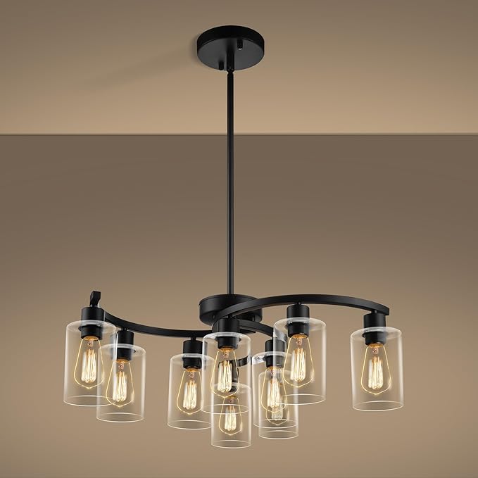 9-Light Black Modern Chandeliers for Dining Room, Adjustable Height Farmhouse Kitchen Island Lighting, Industrial Hanging Light Fixtures for Living Room Bedroom, Clear Glass Shade-Ruum Studio Home