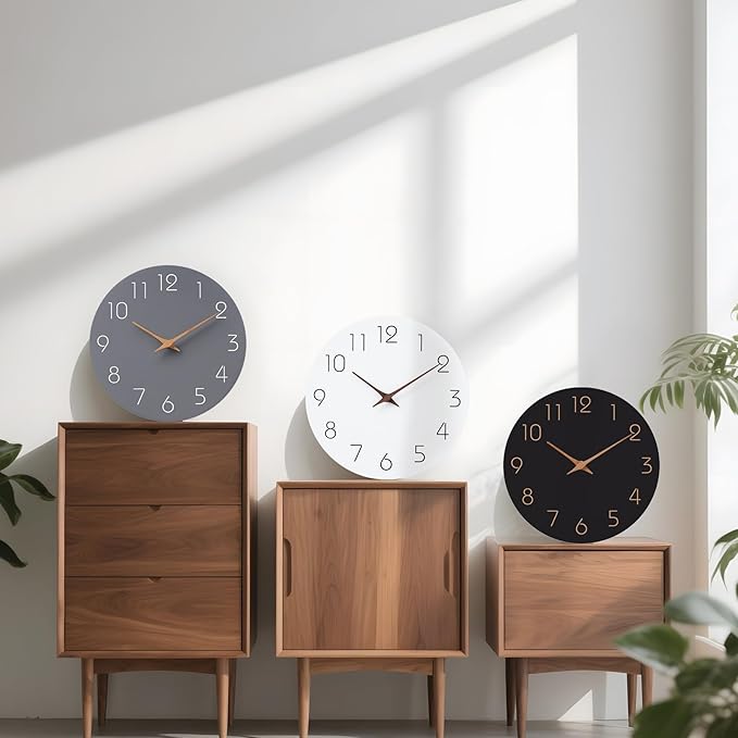 Mosewa Wall Clock 8 Inch Gray Battery Operated Silent Non Ticking Simple Modern Wood Clock Decorative for Bedroom Living Room Kitchen Home Bathroom Office-Ruum Studio Home